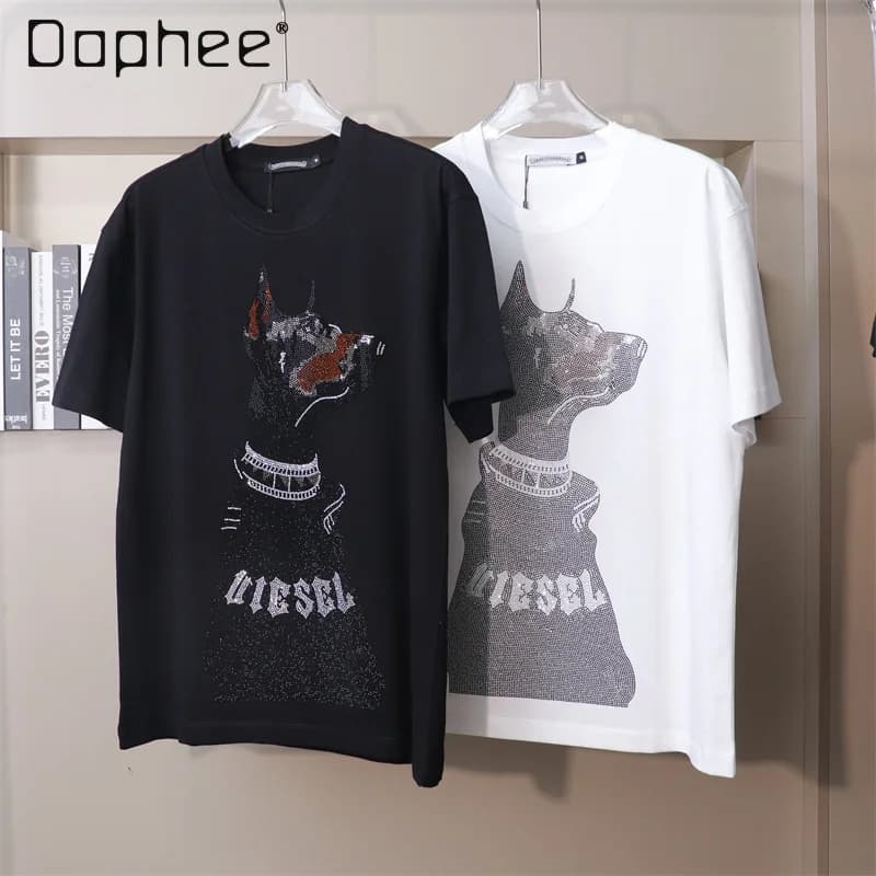 2024 estate nuovo strass T-shirt nera da uomo oversize girocollo cartone animato strass cane manica corta T-shirt da uomo T-shirt