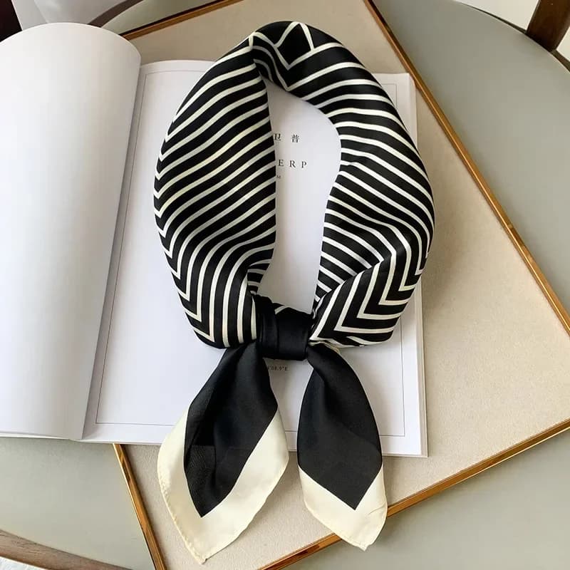 Black White Chevron Stripe Satin Neck Scarf Two-tone Tip Ladies Skinny Scarf
