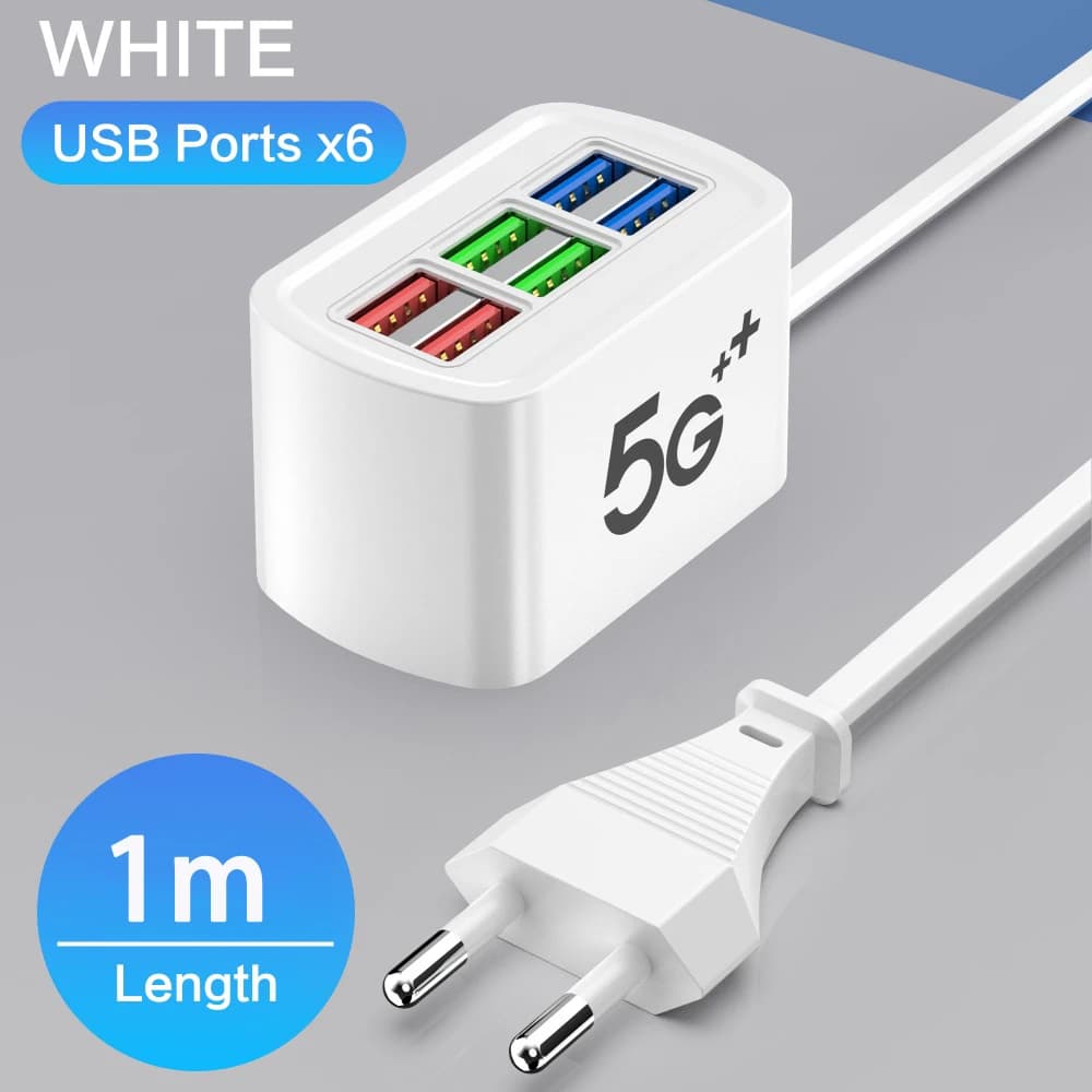 Caricatore rapido USB 6 in 1 Presa multipla Cavo da 1 m Stazione di ricarica da tavolo Ricarica rapida rapida Adattatore HUB USB Presa domestica Spina UE/USA