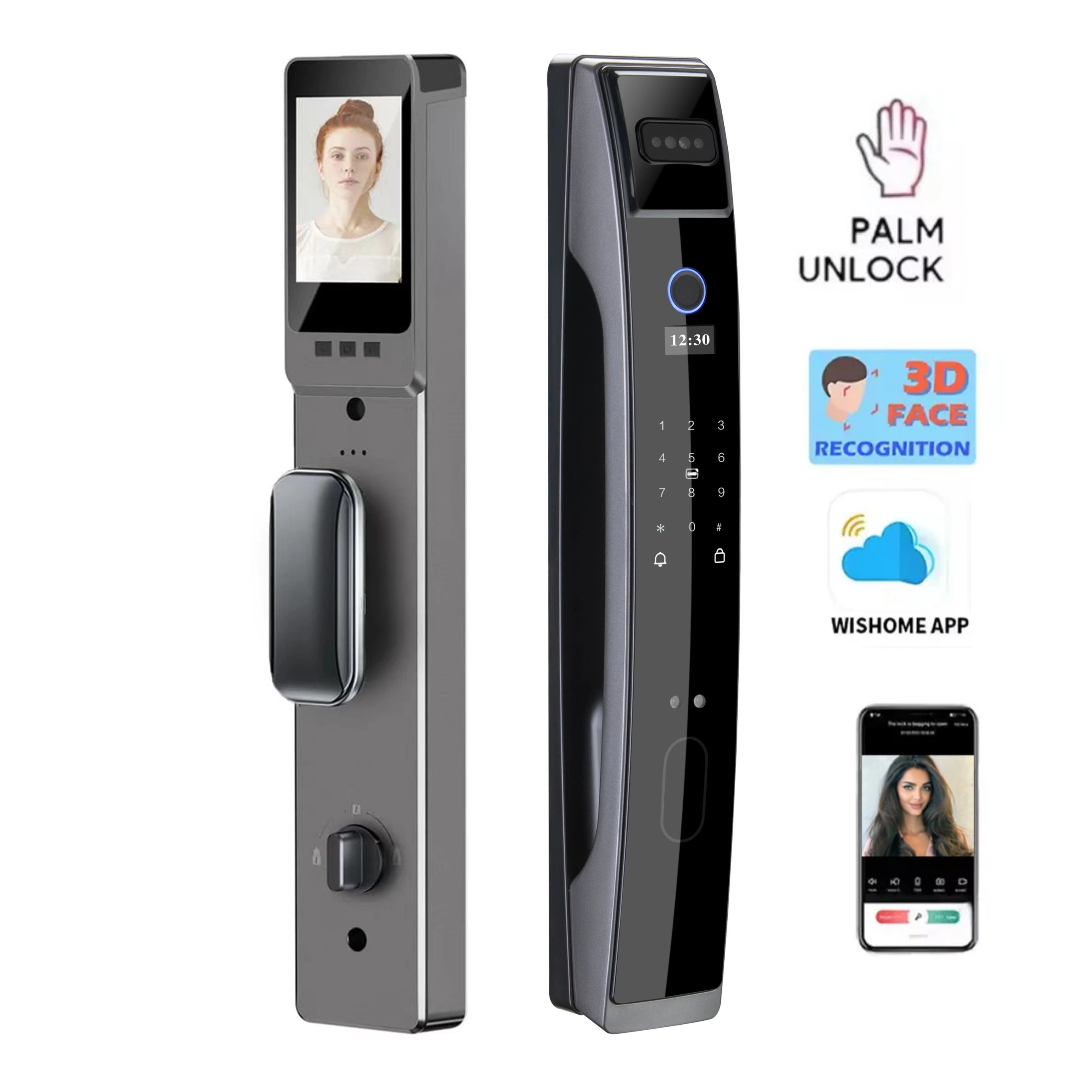 Serratura Intelligente con Riconoscimento Facciale 3D e Impronte Digitali, Telecamera, Password, Carta e Chiave per Porte in Alluminio e Acciaio, Archiviazione Dati su Scheda di Memoria e Cloud