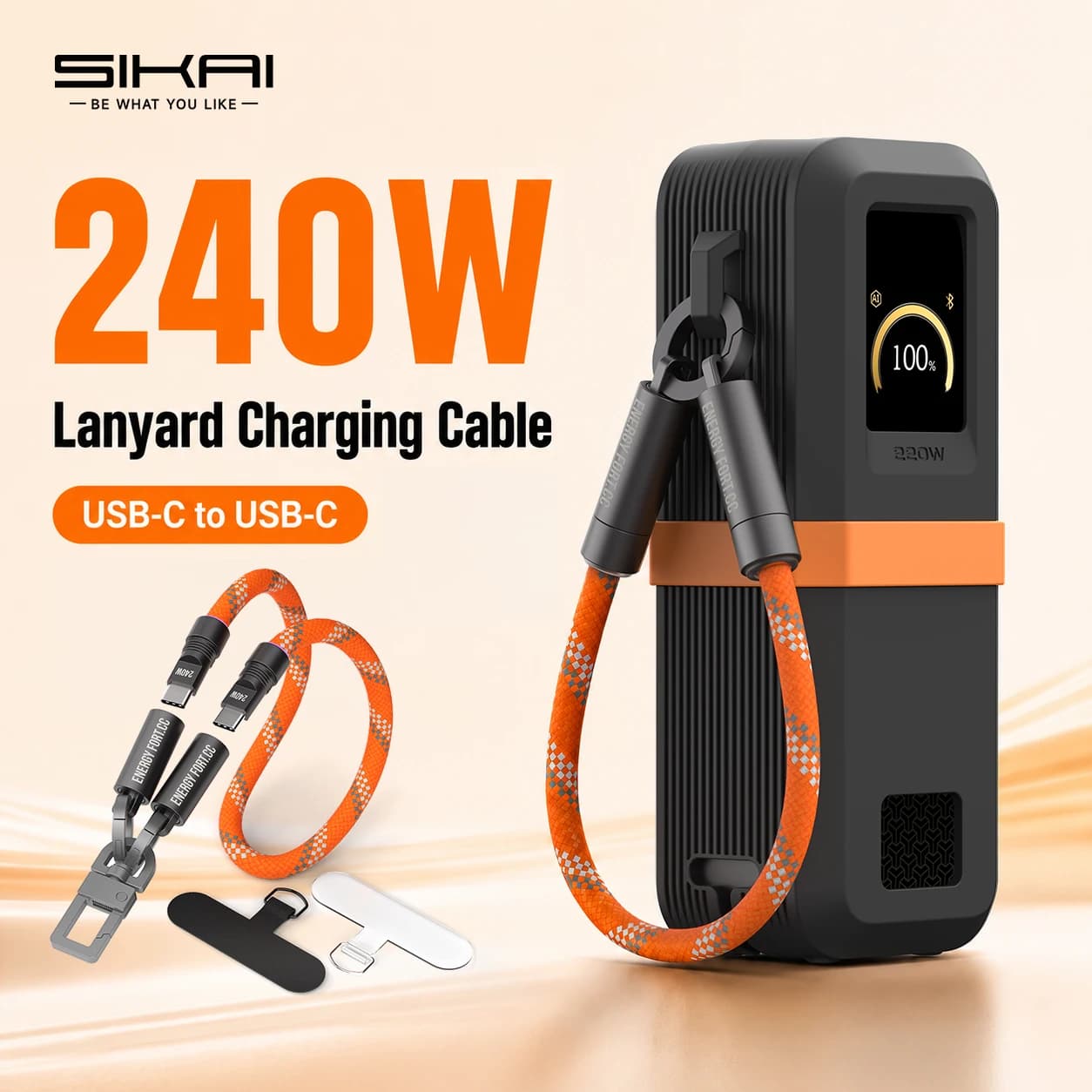 240W USB-C to USB-C Lanyard Charging Cable PD Fast Charger Cord 480Mbps Data Cable Hand Wrist Strap for Phone Camera Power Bank