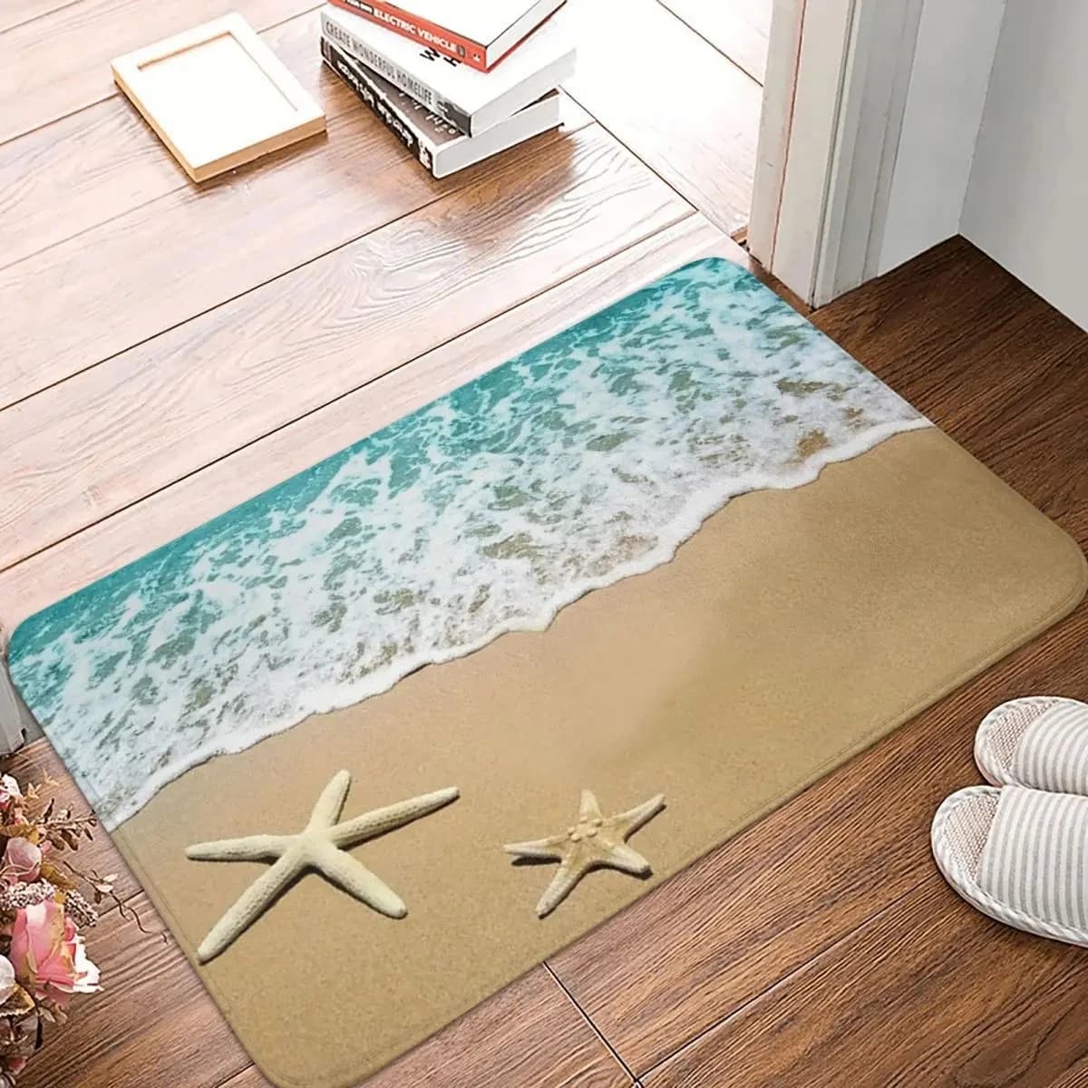 Tappeto lungo antiscivolo in flanella con motivo a stelle marine e paesaggio marino, ideale come zerbino d'ingresso, decorazione per cucina, corridoio, balcone e bagno.