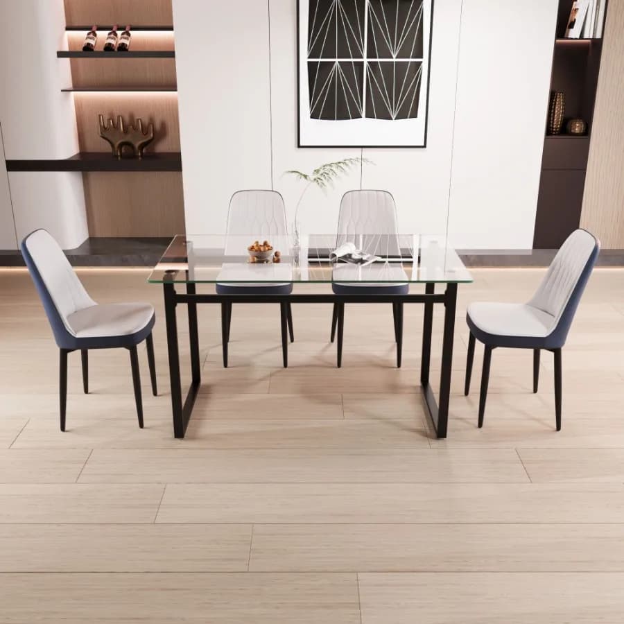Set da pranzo in vetro per 4 persone, 51 pezzi, con tavolo da cucina con gambe in metallo nero e sedie moderne rettangolari in vetro temperato.