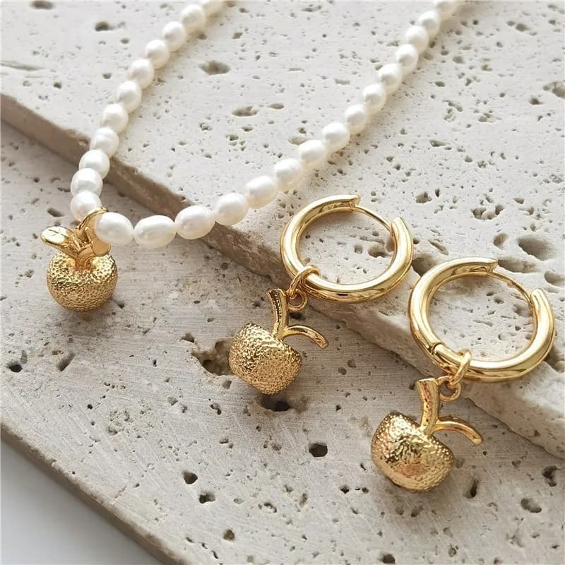 Cold Style Niche Design Copper Alloy Apple Pendant Freshwater Cultured Pearl Necklace Personality Trend Earrings for Women