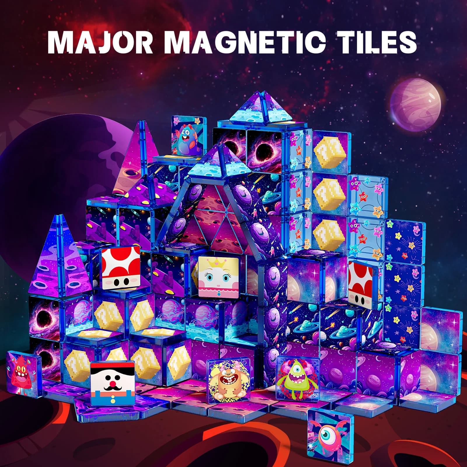 Space Themed Magnetic Tiles Building Blocks, STEM Educational Creative Construction Toy Kids Birthday Gift