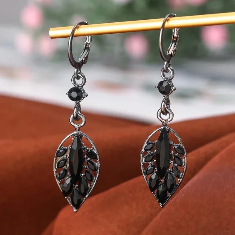 Gothic Black Gunmetal Lever Back Earrings, Small Round Black Crystal Accent with Hollow Marquise Leaf Pendant Inlaid with Multiple Black Cut Crystals Vintage Dark Style Dangle Earrings