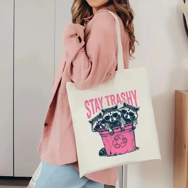 Stay Trashy Cool Raccoons in Recycle Bin Canvas Tote Bag Funny Casual Shopping Bag Unique Friend Gift Reusable Shopping Bag
