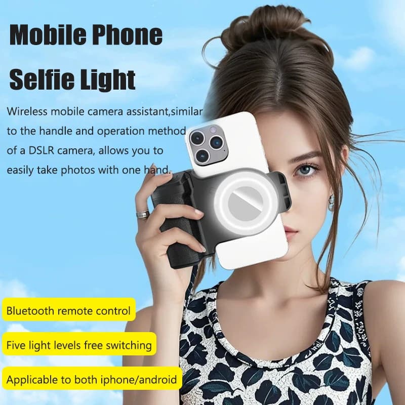 Magnetic handle for smartphones with detachable Bluetooth remote control with photo bracket for selfie grip anti-vibration with filling light