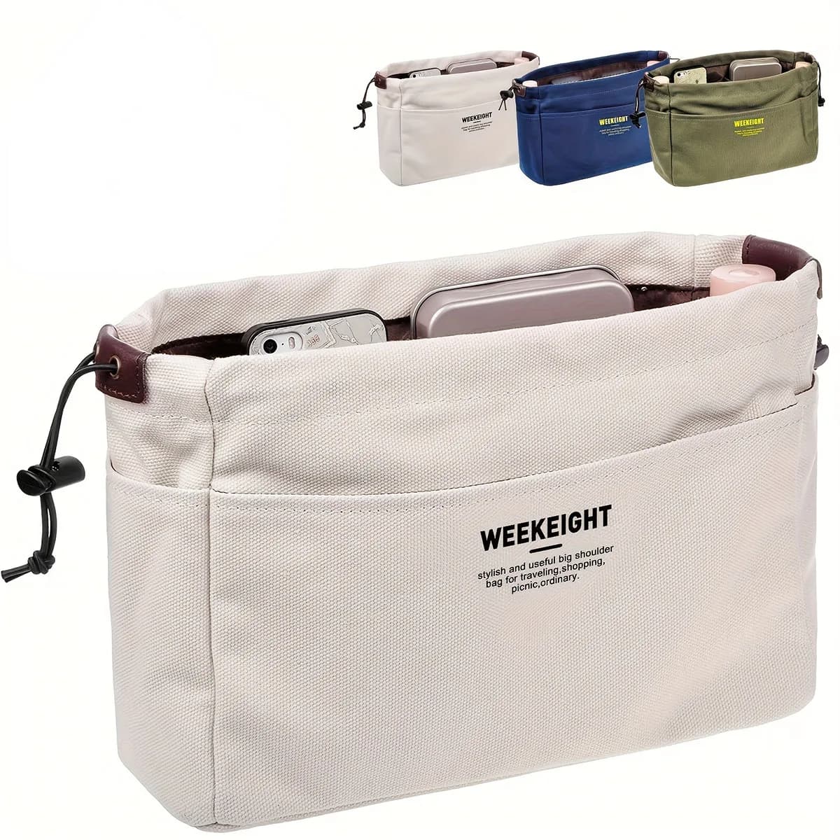 Simple and elegant portable canvas bag with rope opening, practical and three-dimensional, polyester and cotton, ideal for travel.