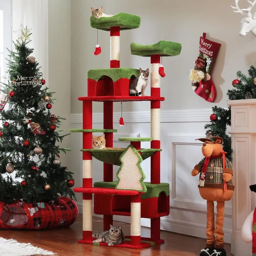 PAWZ Road Albero per gatti di Natale, torre per gatti alta 72 pollici con 2 posatoi, 2 condotti e amaca spaziosa, attraente casetta per gatti con