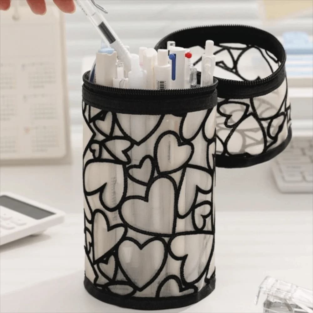 Borsa portaoggetti in rete trasparente, astuccio in rete a forma di cuore, borsa per cosmetici a forma cilindrica, pochette per trucchi in rete per ragazze e ragazzi