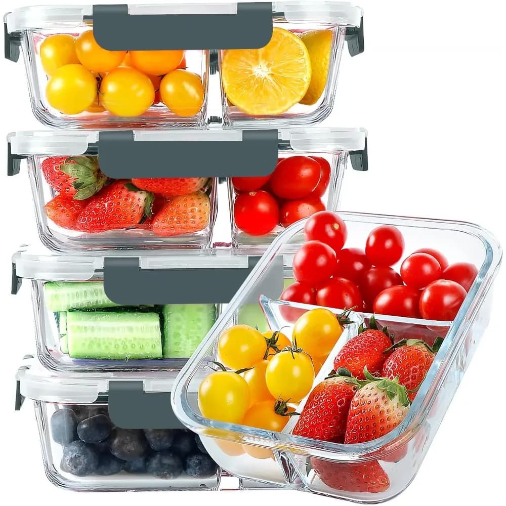 Contenitori per la preparazione dei pasti in vetro Bento Box a 3 scomparti Contenitori ermetici per alimenti da 36 once con coperchi Cassaforte per congelatore a microonde