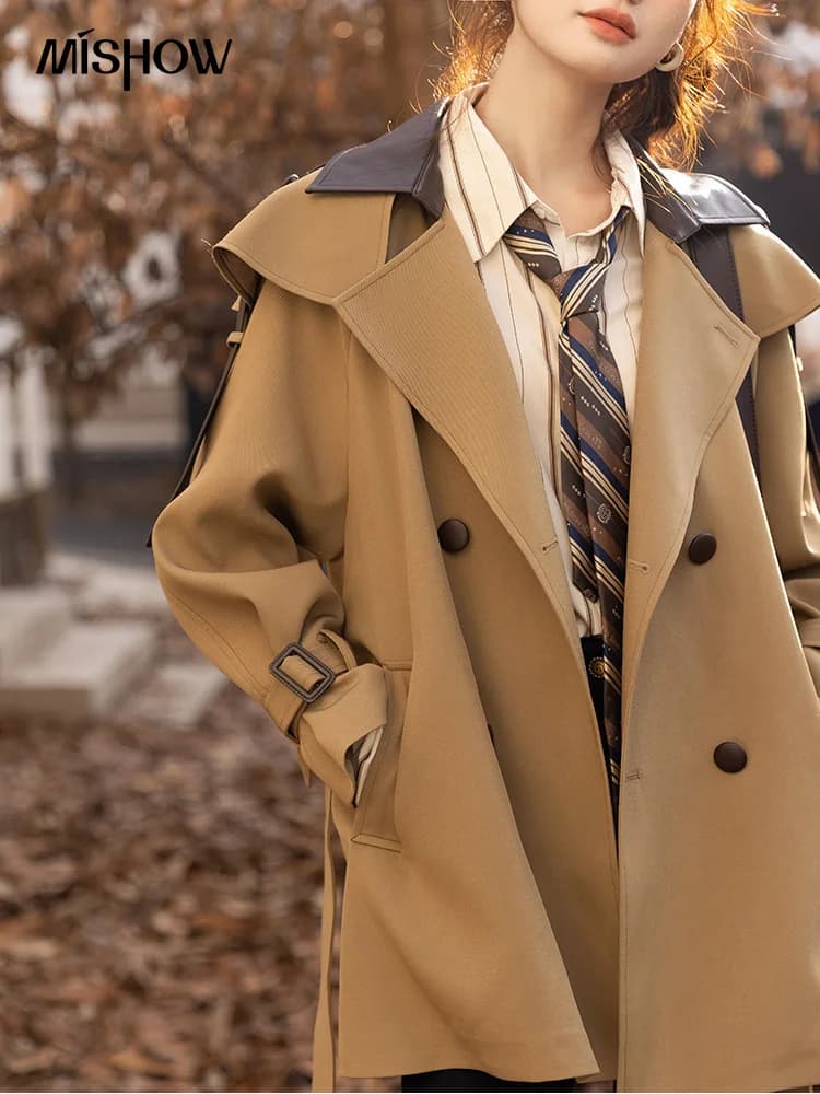 MISHOW Trench per le donne Autunno Coreano Office Lady Polo Colletto Patchwork Giacca lunga di media lunghezza Capispalla femminile MXB33W0399