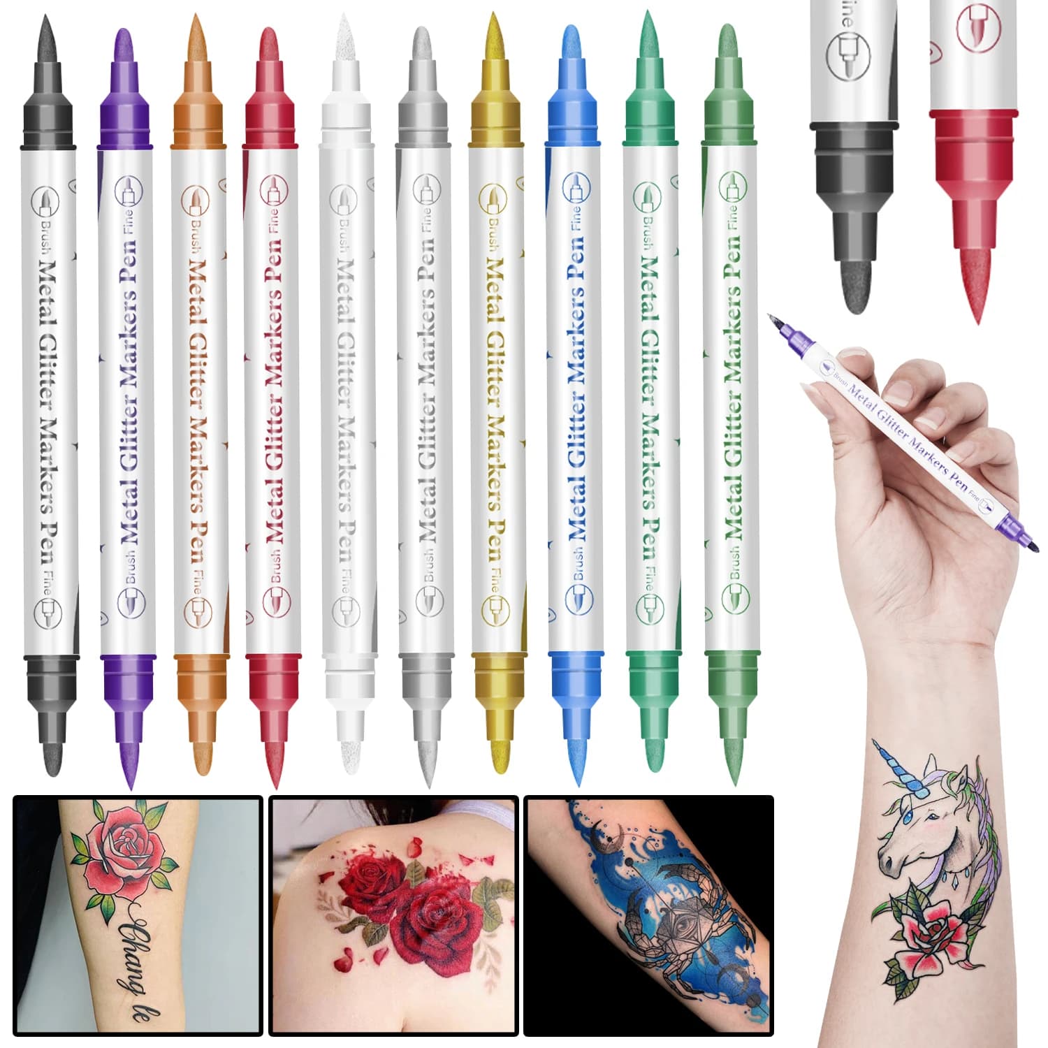 10pcs Dual Tip Temporary Tattoo Body Marker Pen Set 10 Mixed Color Markers