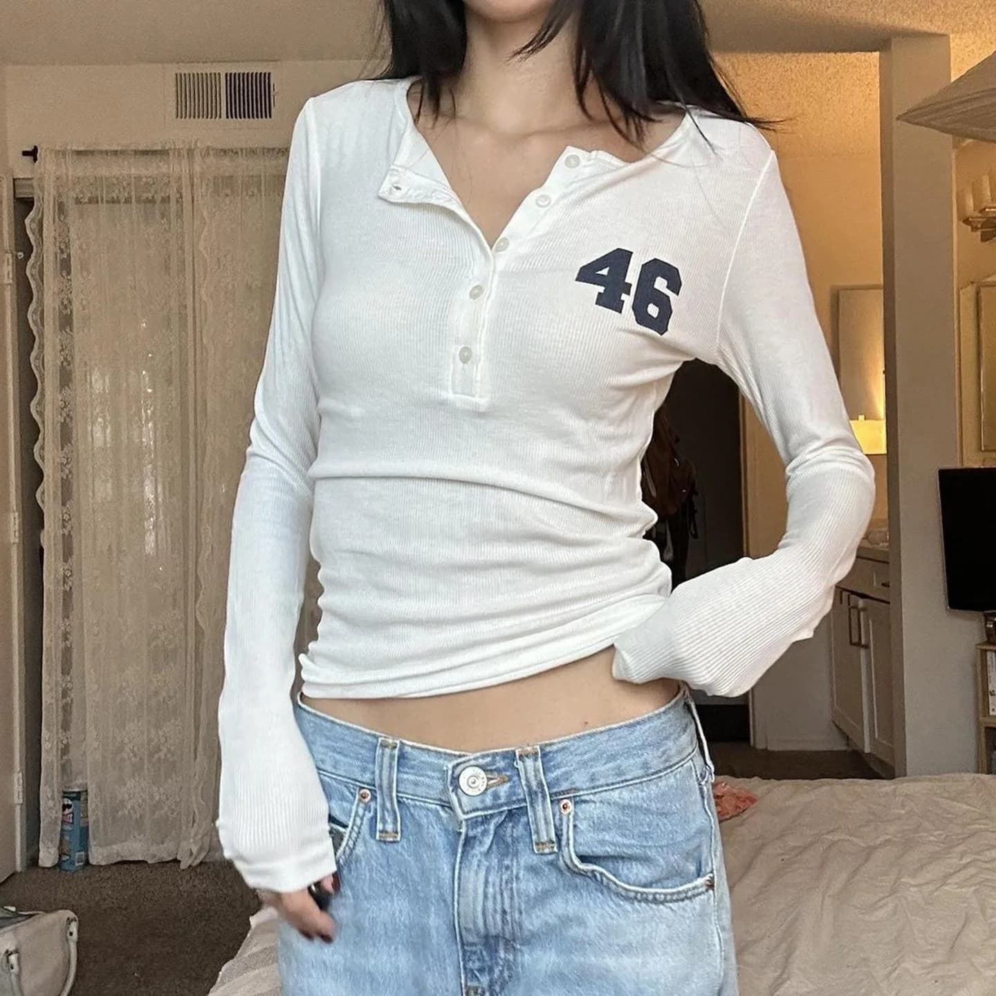 Magliette Classiche Americane con Bottoni, Scollo a V, Maniche Lunghe, Primaverili e Autunnali, Stile Y2k, Stampa Estetica, Sottili, Abbigliamento Casual da Donna