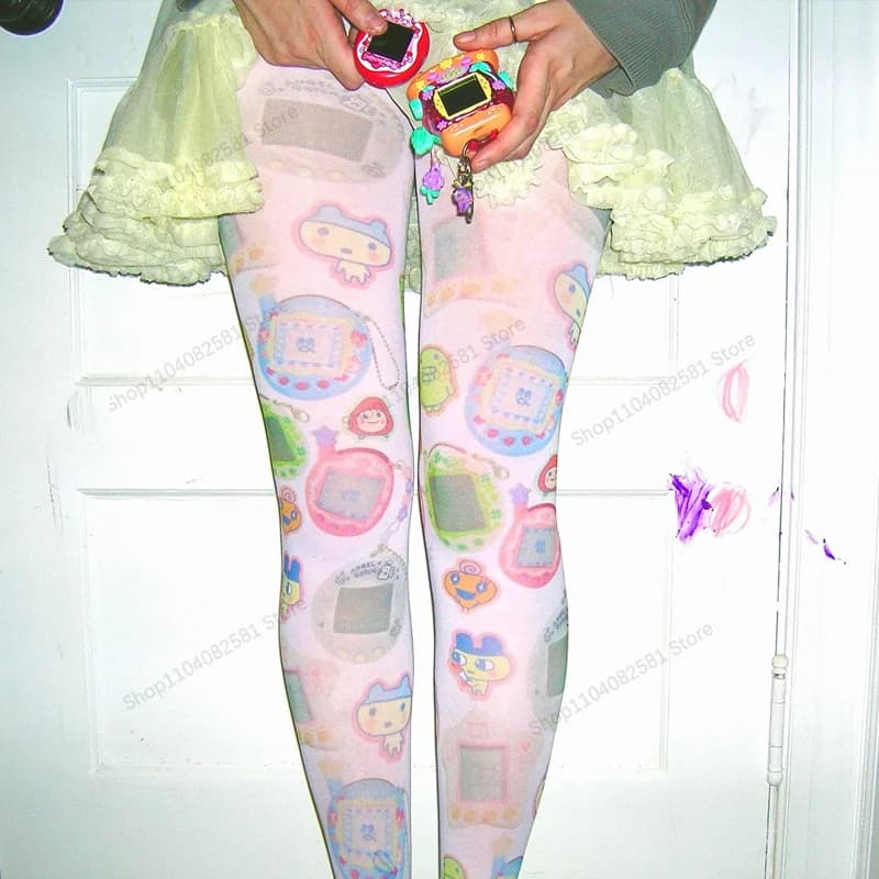 Y2k Aesthetic Women's White Cute Cartoon Pattern Long Leg Socks Printed Kawaii Cute Socks Harajuku Grunge Women's Emo Girls