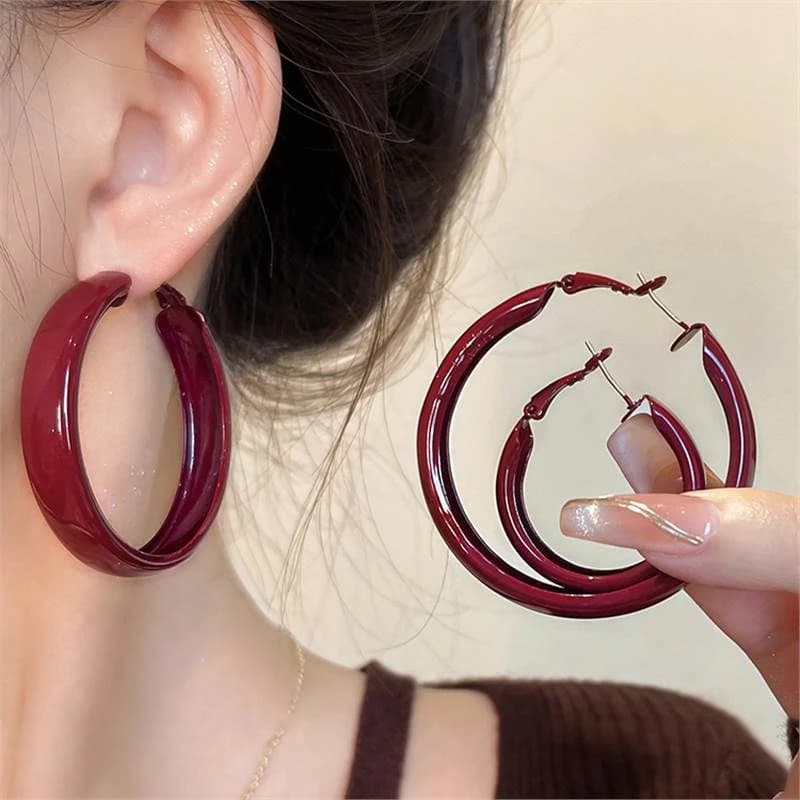Vintage Red Large Small Circle Hoop Earrings for Women Simple Geometric Round Glossy Huggie Earrings Party Jewelry Gift