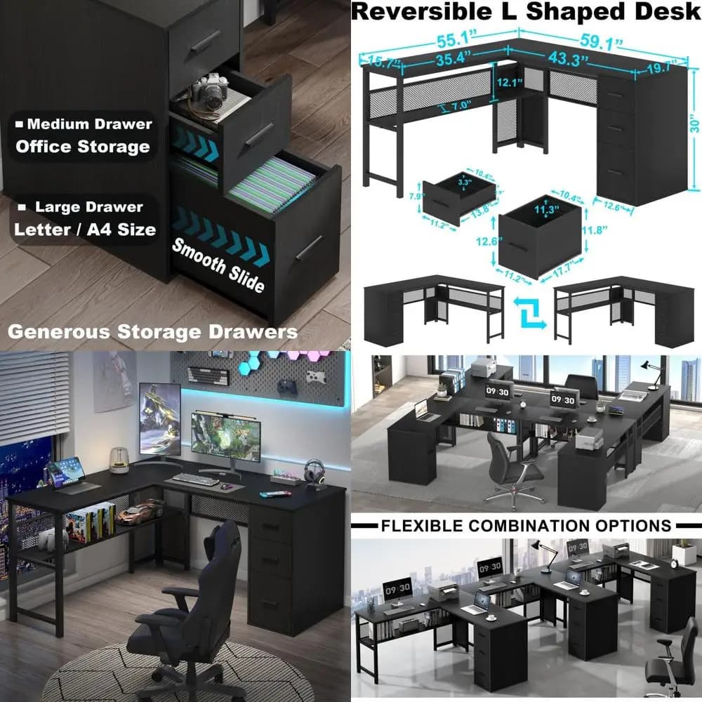 Scrivania a L Nera, Scrivania per Computer Reversibile con Cassetti, Grande Scrivania a L per Gaming con Armadietto, Scrivania Direzionale in Legno