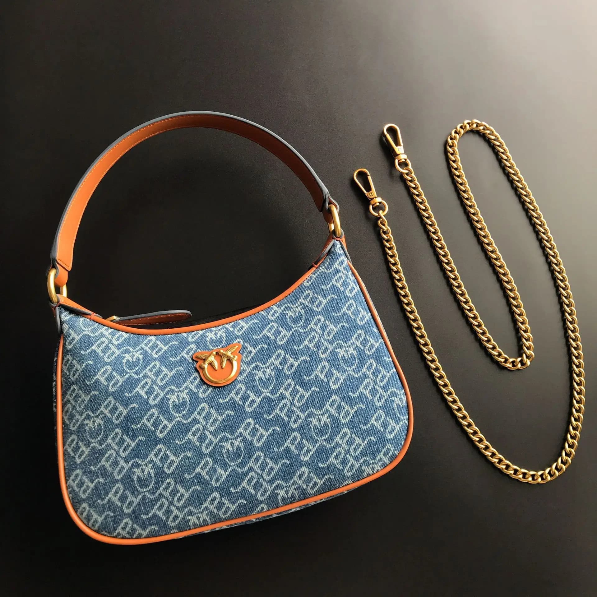 New arrivalpinko same style denim denim genuine leather swallow bag armpit puff mini pillow bag chain women's bag