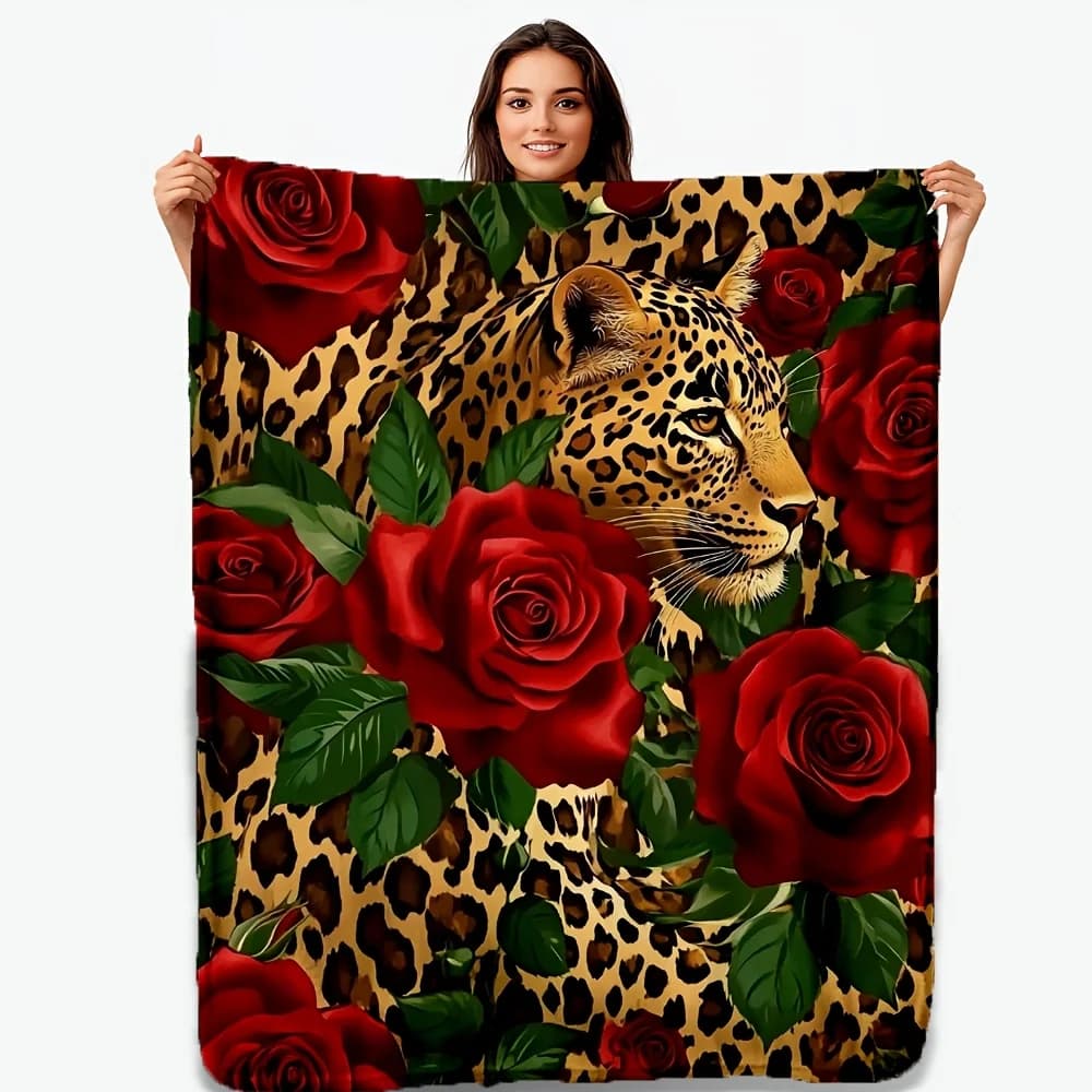 1 coperta da tiro con rose con stampa leopardata - morbida peluche, adatta per letto, divano, divano, ufficio, campeggio, viaggi - Regalo ideale