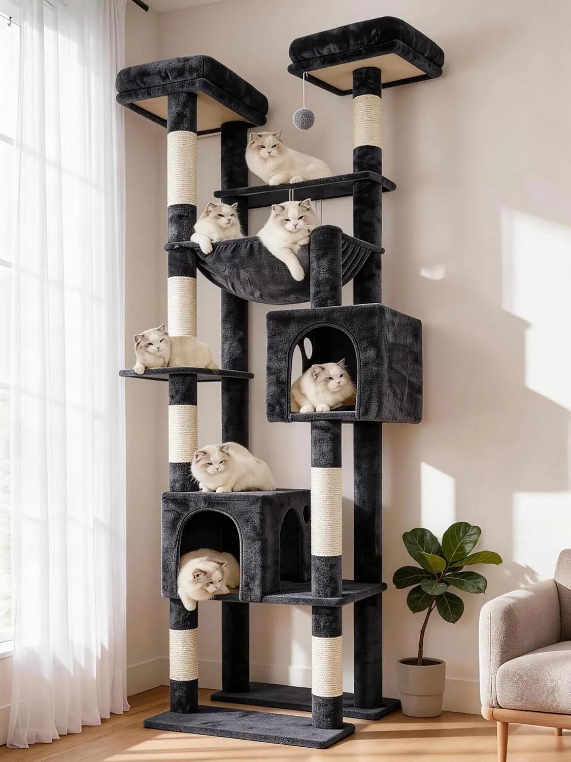 Albero per Gatti Alto con Tiragraffi, Grandi Piattaforme, Cucce e Amaca per Gatti Adulti da Interno, 205 cm