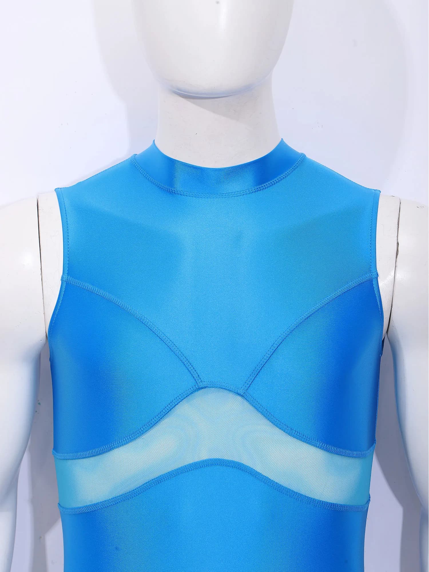 Mens Oil-shiny Bodysuit One Piece Rash Guard Swimwear Sleeveless Sheer Mesh Bodysuit Fitness Workout Beach Bathing Suit Swimsuit
