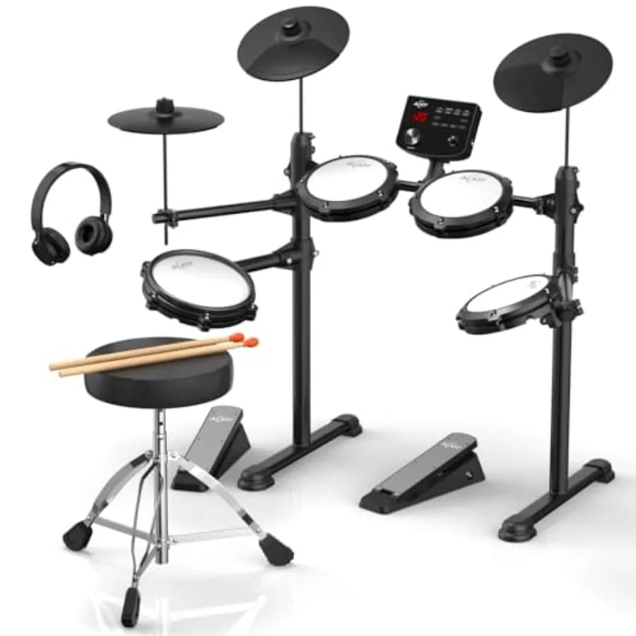 Electronic Drum Set for Beginners with 4 Quiet Mesh Pads, 2 Cymbals w/Choke, 200+ Sounds, USB MIDI, Includes Throne, Sticks and