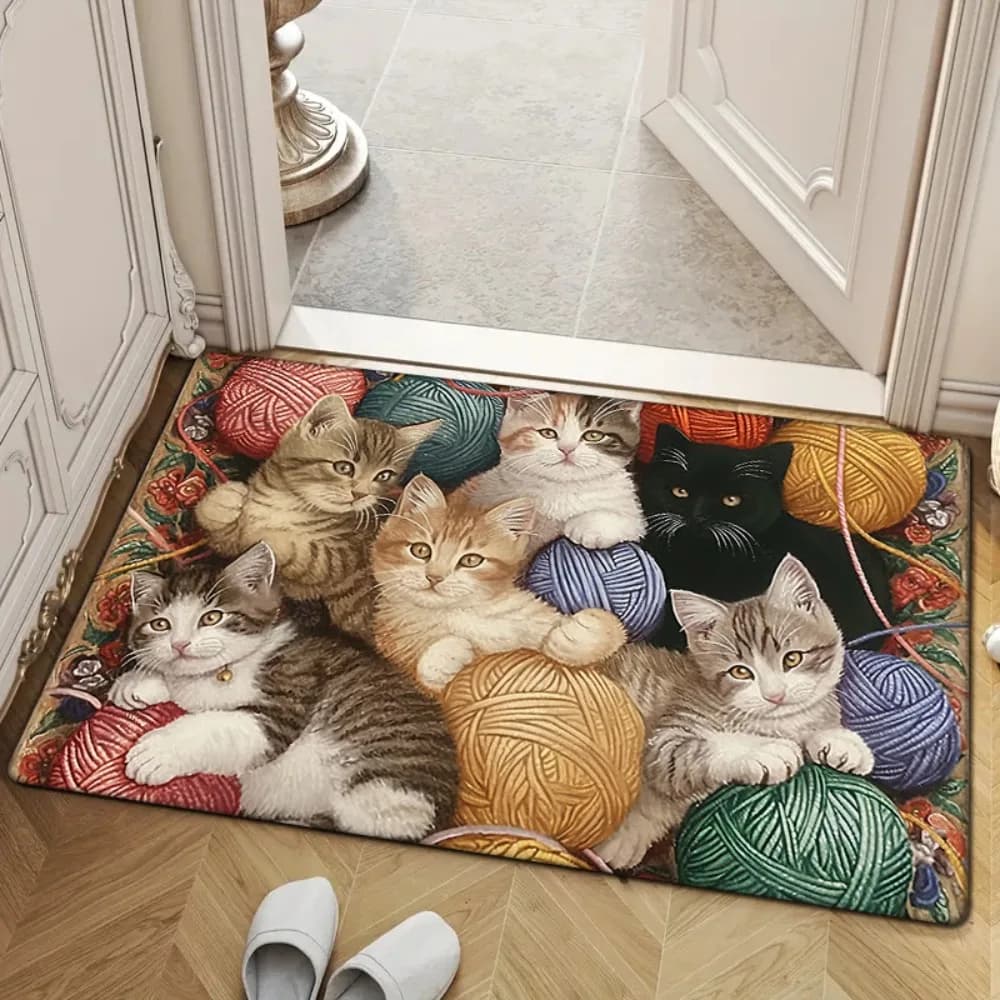 Tappeto Zerbino con Gattino Carino che Gioca con un Pallino di Lana, Motivo Adorabile Gatto per Ingresso Porta Anteriore, Tappetino Antiscivolo Durevole, Regalo Perfetto
