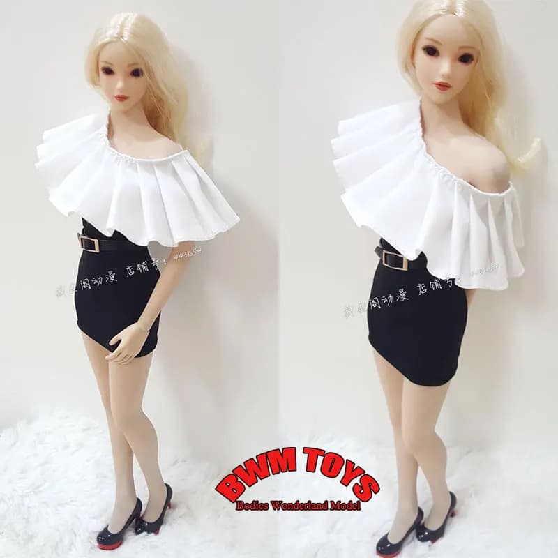 In Magazzino 1/6 Bilancia Soldato Femminile Sexy Una Spalla Volant Top Nero Hip Che Abbraccia Gonna Per 12 pollici Action Figure Doll