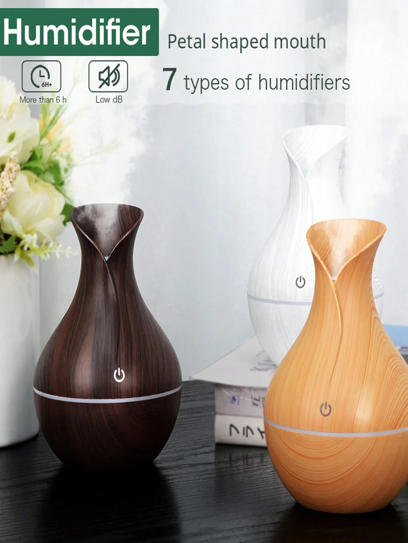 Umidificatore per vaso con venature del legno Diffusore USB per auto, ufficio, casa, luce notturna colorata, umidificazione silenziosa