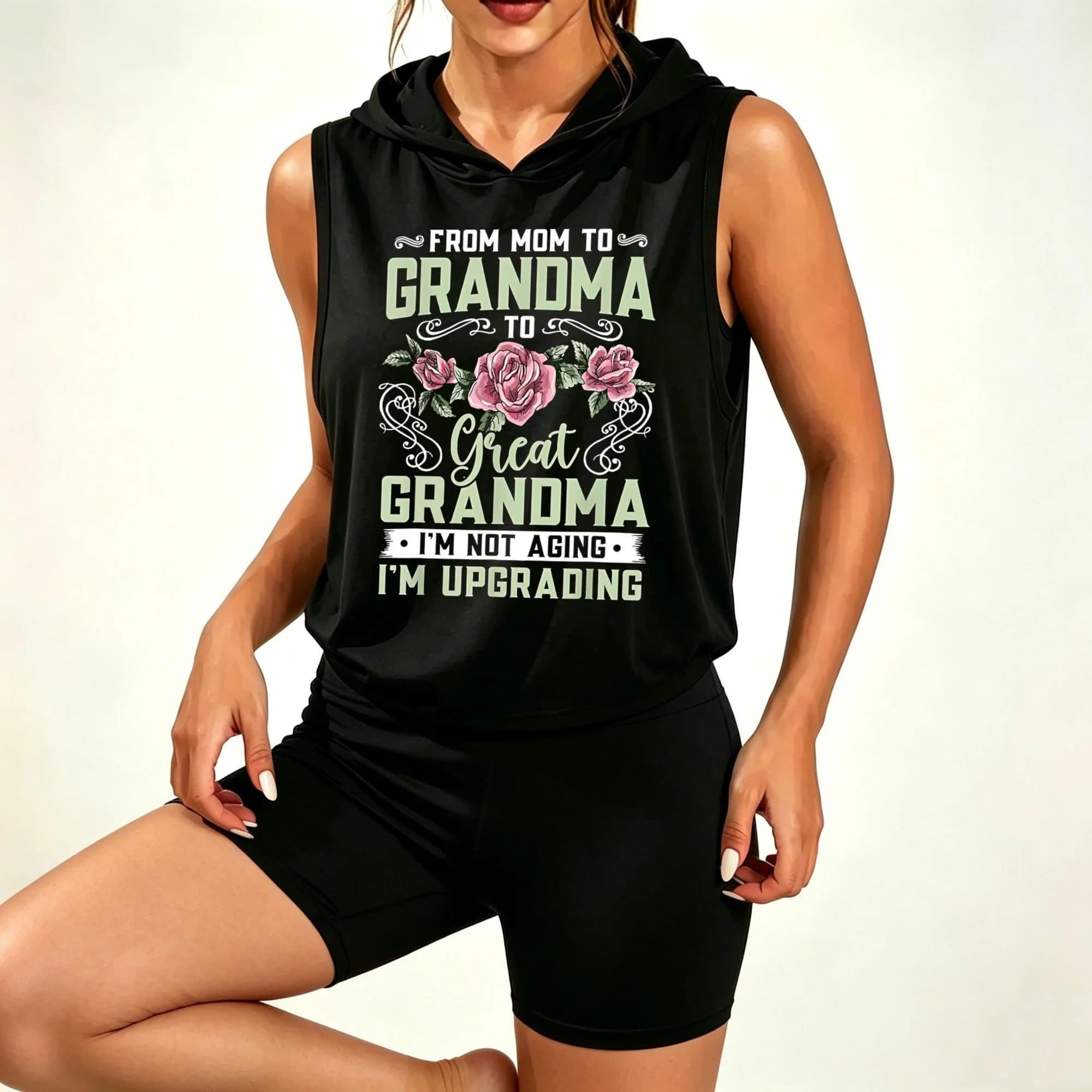 Women Great Grandma Slogan Rose Floral Print Sleeveless Hooded Tank Top & High‑Waist Biker Shorts 2‑Piece Set,activewear for workout daily loungewear