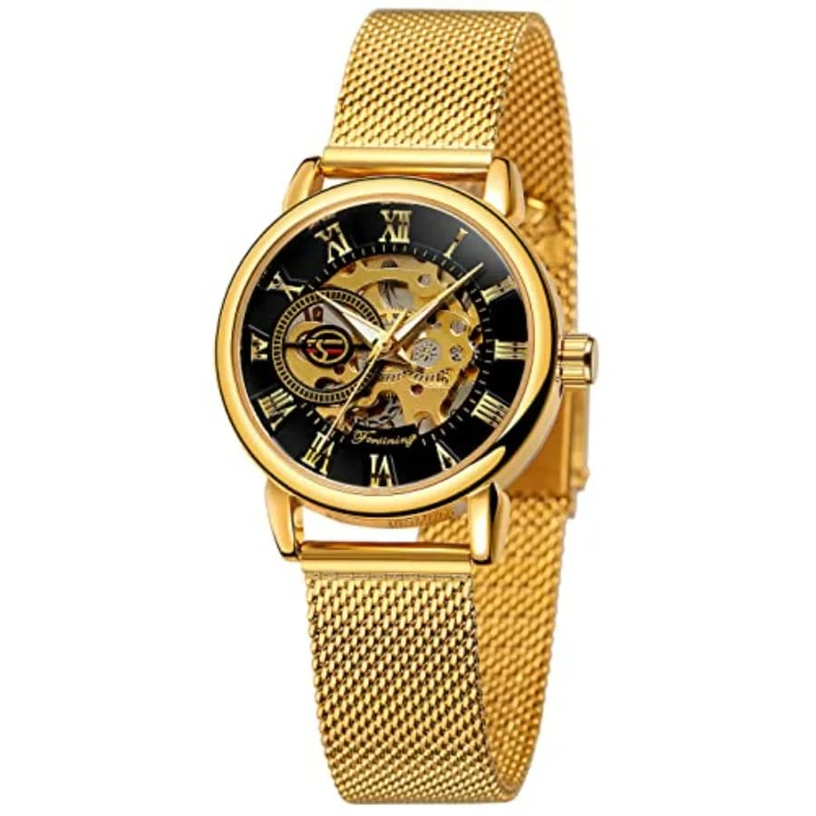 Orologio Scheletrato da Donna Gosasa, Orologio Meccanico alla Moda con Cinturino a Rete, Numeri Romani Luminosi, Orologio da Polso Casual da Donna