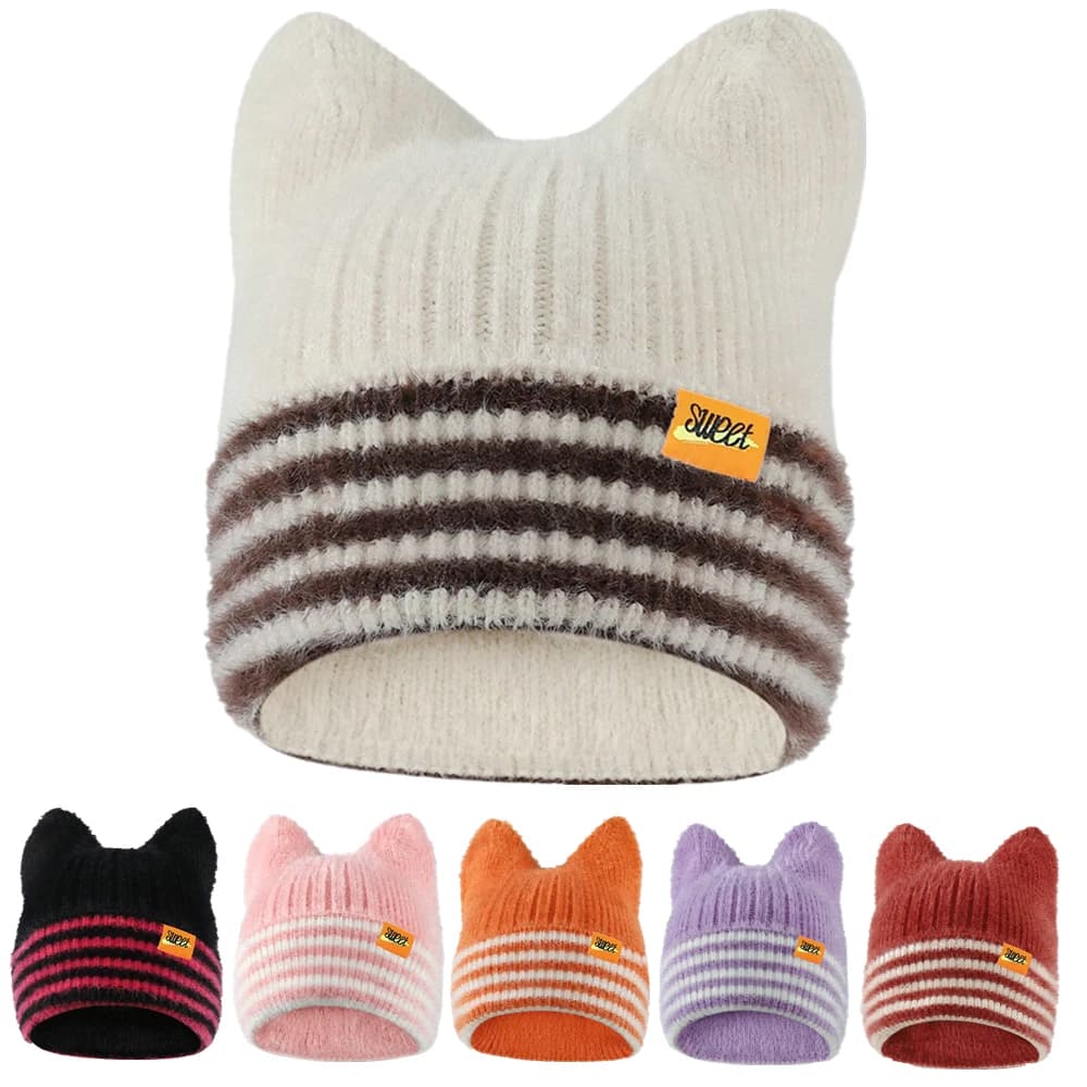 New Cat Ear Y2K Beanie Hat Sweet Label Winter Hats For Women Candy Colors Stripes Soft Warm Cap