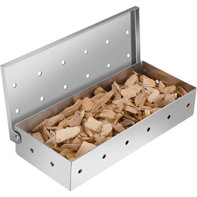 Scatola per affumicatore per barbecue Scatola per affumicatore per trucioli di legno in acciaio inossidabile con coperchio incernierato Scatola per fumo per barbecue resistente per grigliare al carbone YY224