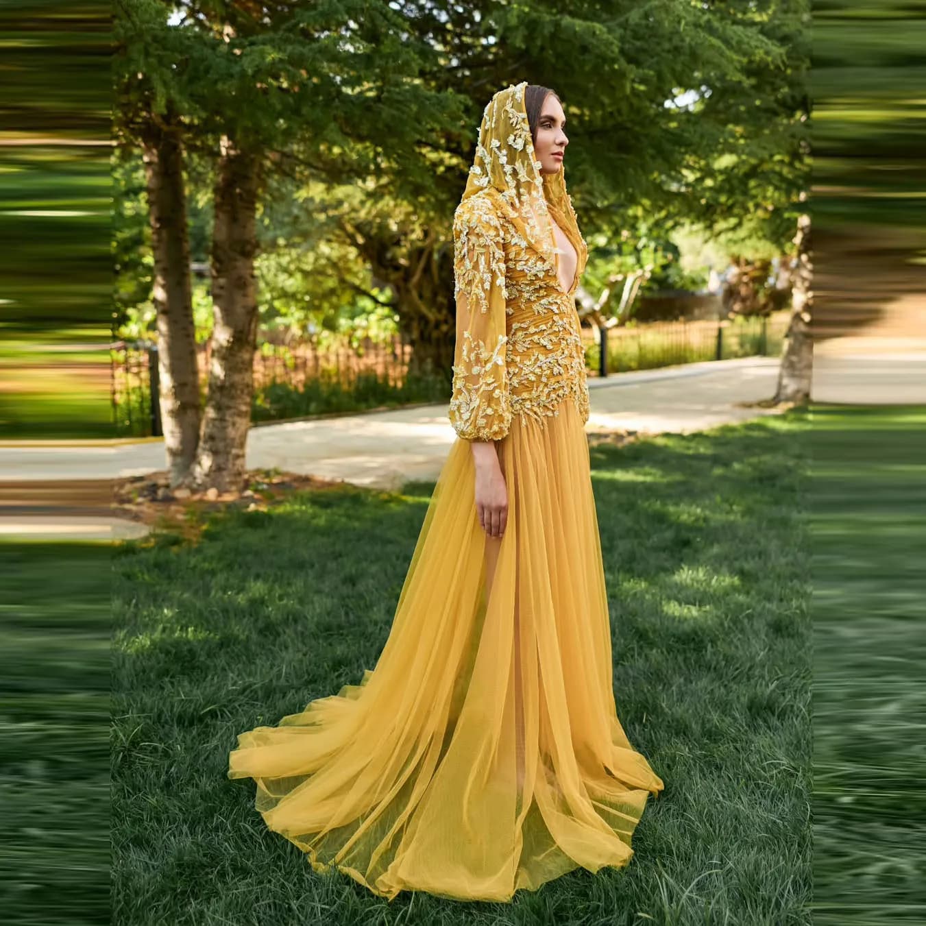 Abito da sera in tulle giallo con applicazioni in pizzo per cocktail party, ballo di fine anno, abito da sposa a maniche lunghe