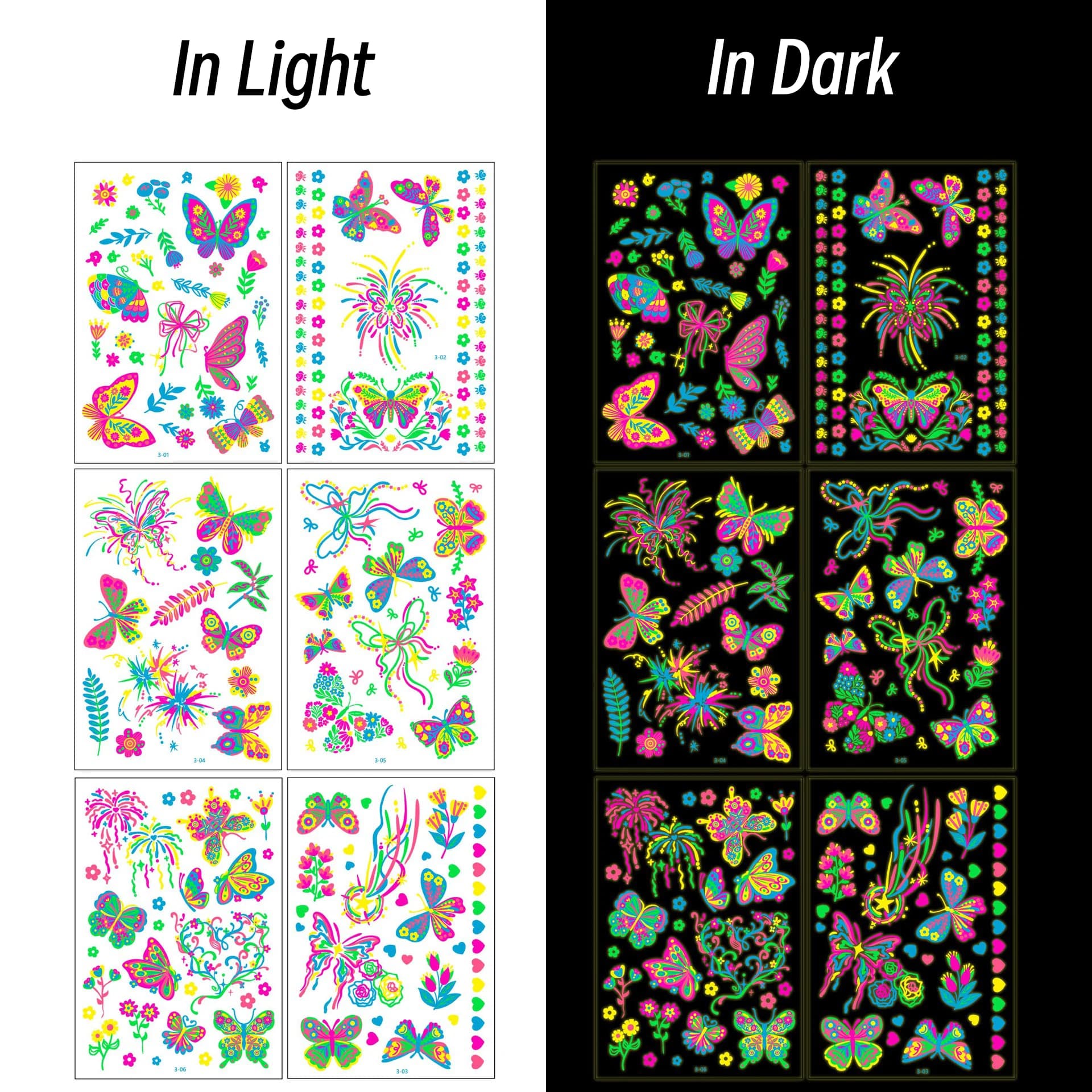 6 pezzi che si illuminano al buio tatuaggi temporanei adesivi impermeabili attivi al neon/luce nera per rave/concerto/festival/feste luminose*