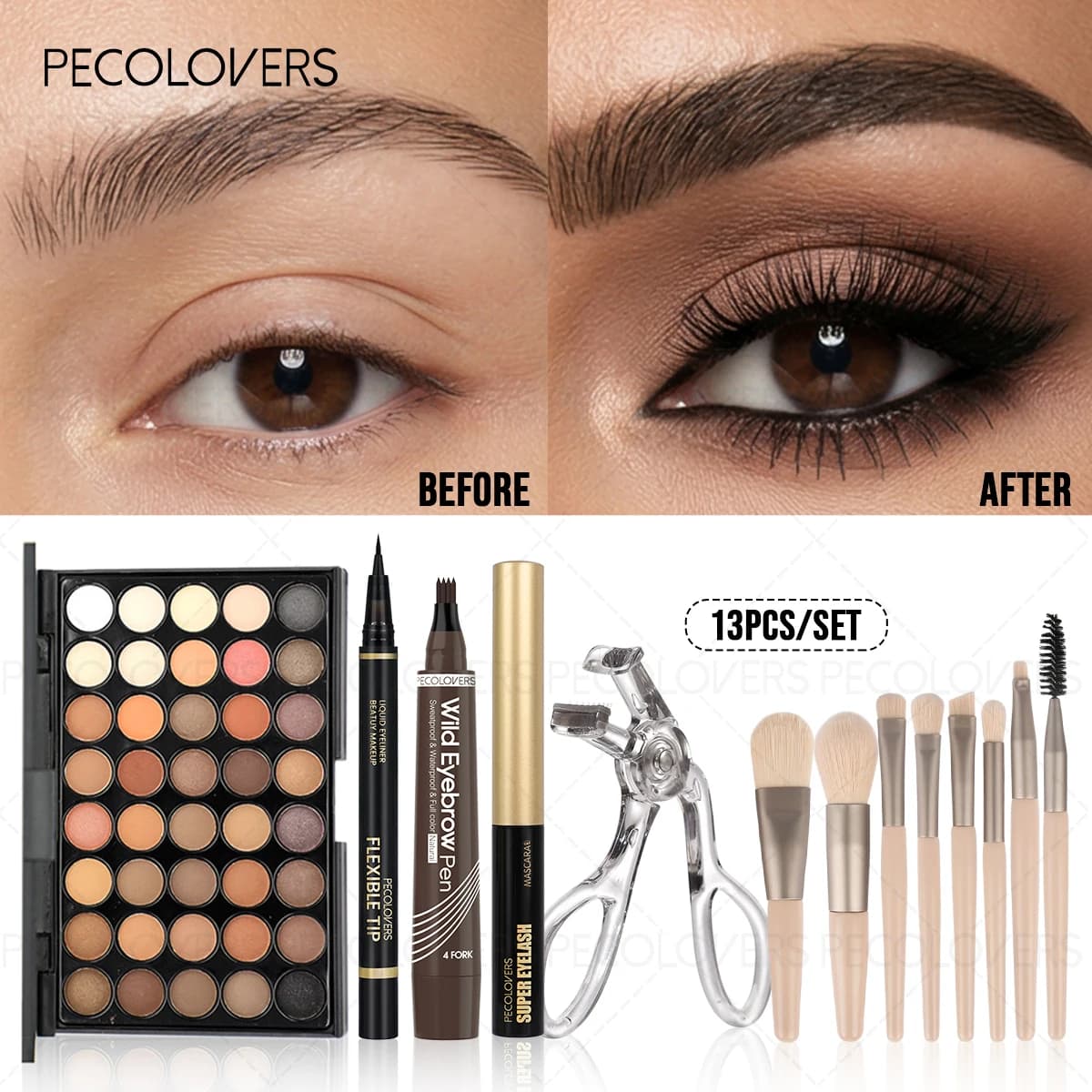 13PCS Eyeshadow Palette, Eyebrow Pencil, Mascara, Eyeliner, Eyelash Curler and Multiple Makeup Brushes, Complete Makeup Set