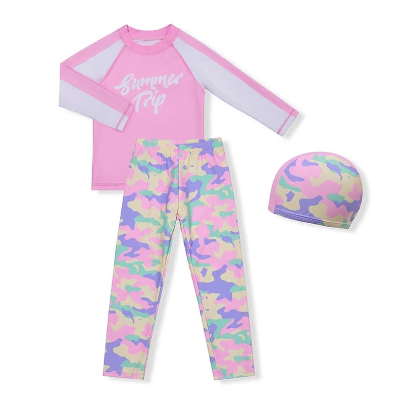 Nuovo Costume da Bagno per Bambine, Set Tre Pezzi con Protezione Solare, Mimetico, con Cappuccio, Maniche Lunghe, per Ragazze Adolescenti