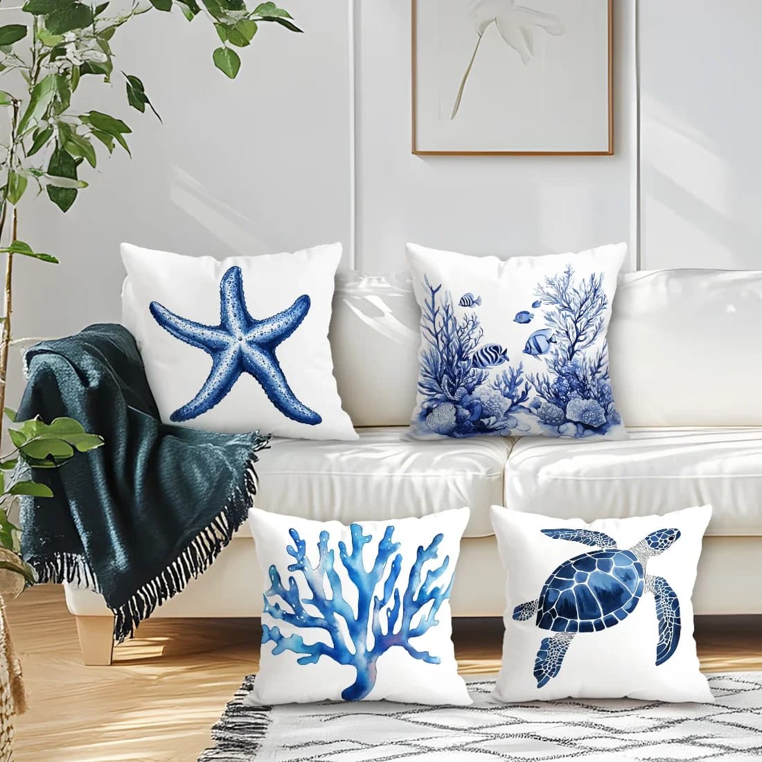 4 copricuscini blu con stampa di organismi marini, stampa su un lato, 40/45/50 cm, federe per cuscini decorativi per divano, casa e stanza.