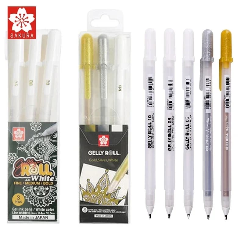 Sakura set da 3 pezzi Gelly Roll Penna classica per evidenziare Penne a inchiostro gel Penna bianca brillante Pennarello per schizzi Evidenziazione argento dorato