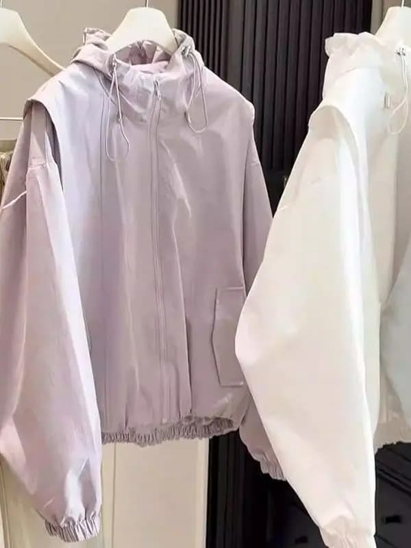 Giacca Corta da Donna Stile Coreano con Cappuccio, Protezione Solare, Chiusura Unica sul Fondo, Abbigliamento Esterno Primaverile e Autunnale alla Moda