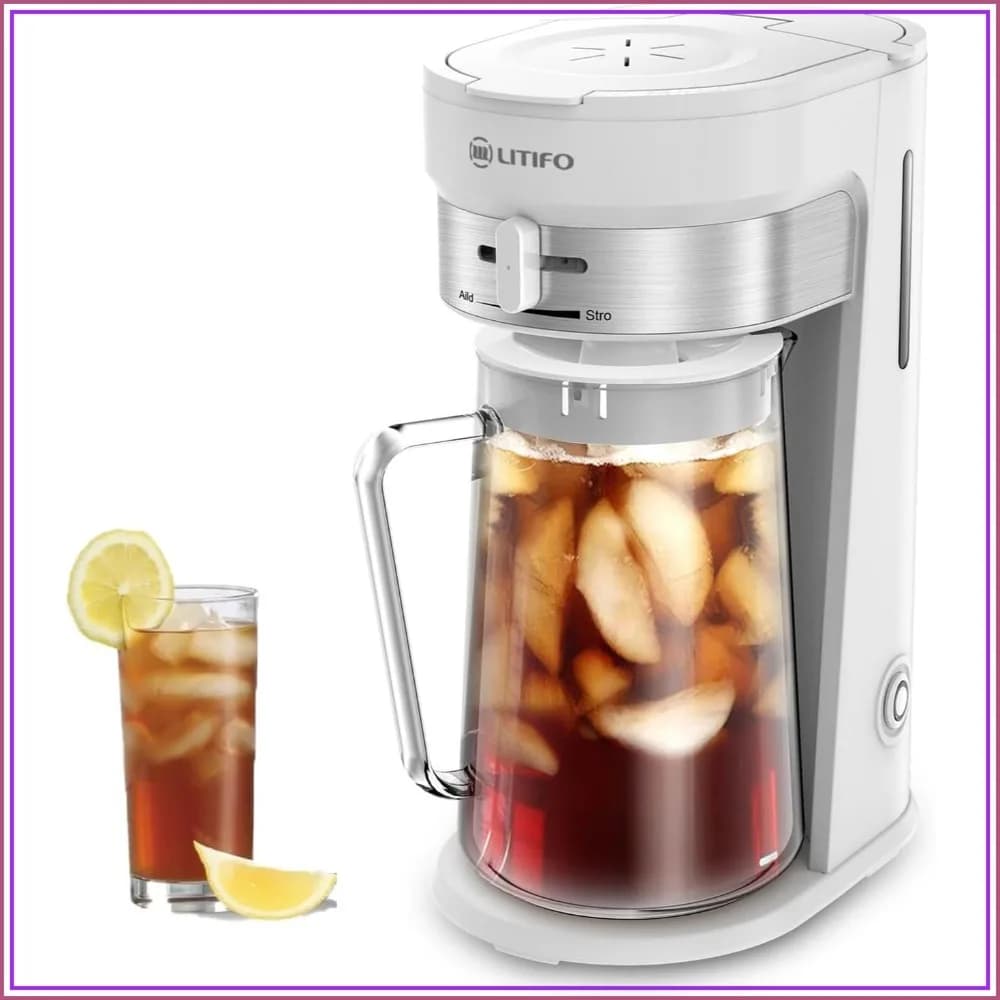 2.5QT Iced Tea & Coffee Maker with Strength Selector, Stainless Steel, White