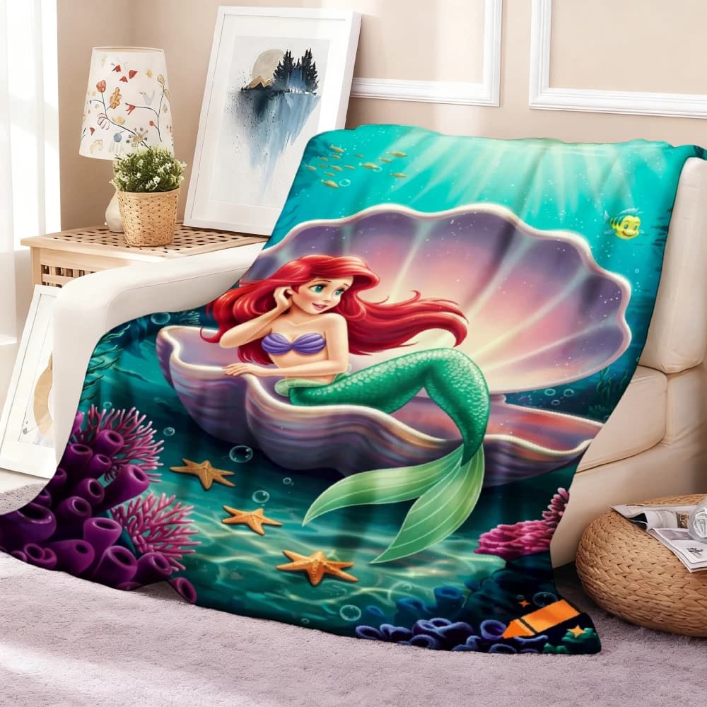 1pc Disney Four Seasons Suitable Flannel Blanket Mermaid In Shell Underwater Scene for Travel, Camping for Living Room, Office Machine Washable