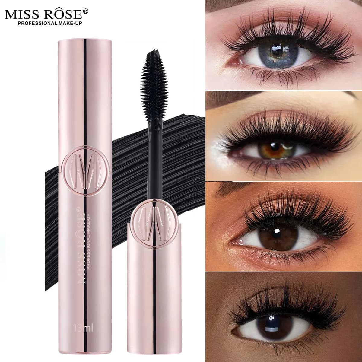 MISS ROSE Black Mascara, Big Brush Head Volumizing Lengthening Curling Mascara, Natural Smudge-proof Eye Makeup Cosmetic