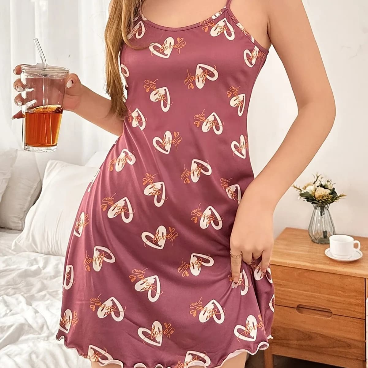 Camicia da notte sexy con bretelline, sottile, in seta ghiaccio, estiva, con stampa a cuore di pesca e fantasia, pigiama senza maniche, gonna dolce per il tempo libero