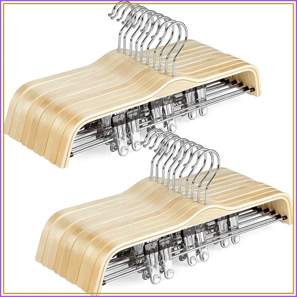 Natural Wood Pants Hangers with Adjustable Clips - 20 Pack, Anti-Rust Hook, Slim Design for Skirts, Slacks