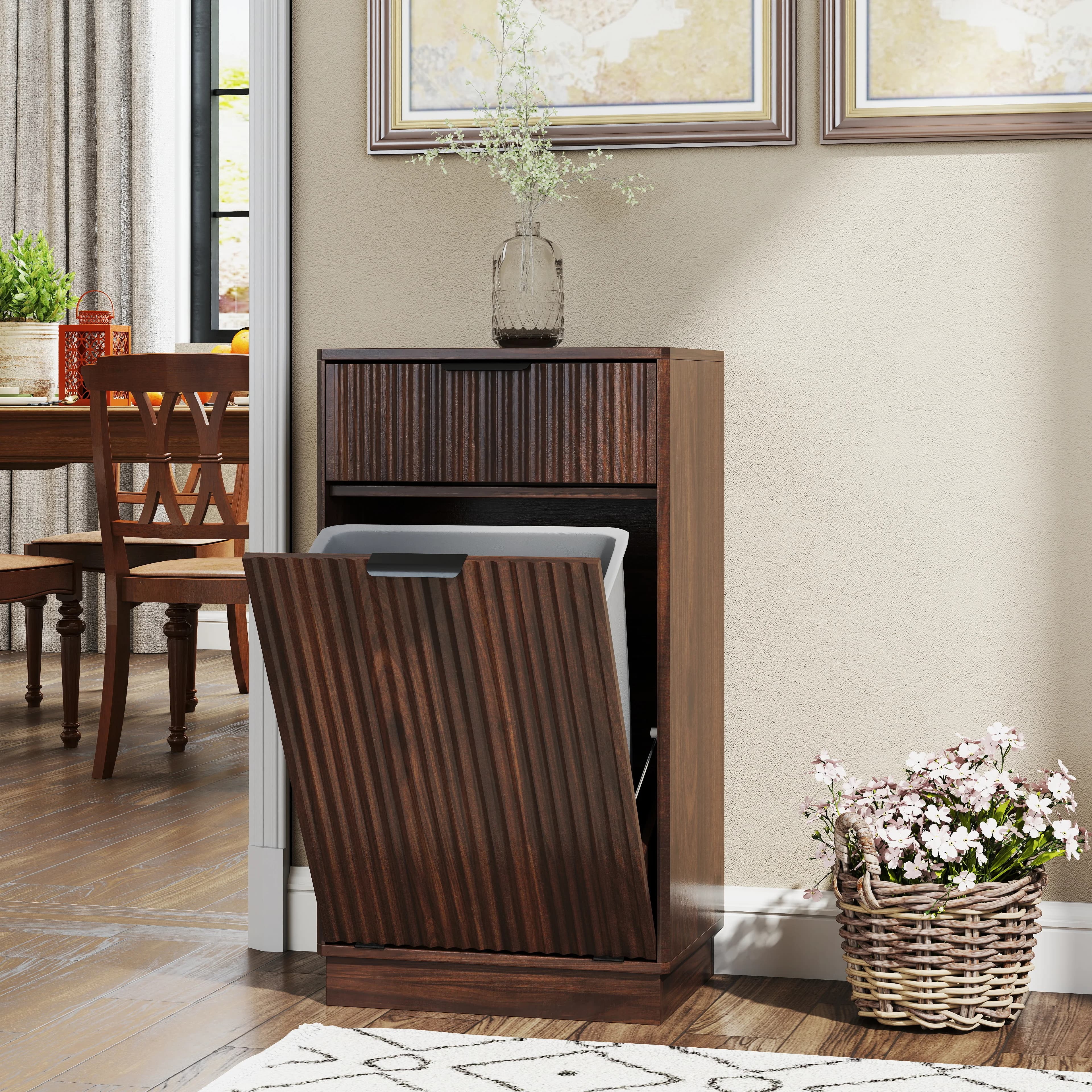 10-Gallon Woodgrain Tilt-Out Trash Can Cabinet Wooden Garbage Recycling Cabinet with Wave-Textured Hideaway Drawer&Pull-Out Bin-Multipurpose Kitchen/Bath Organizer in Walnut Finish