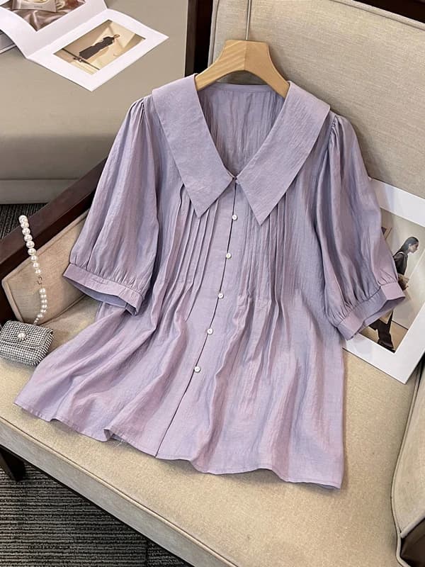 Purple Doll Shirt Women's Short Sleeve Shoulder Length European Style Spring Summer plus Size Comfortable Loose Fit Blouse