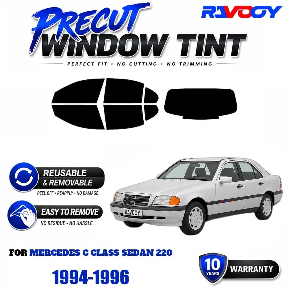 RAVOOY Precut Window Tint, Reusable Removable EPU Film, Custom Fit for Mercedes C Class Sedan 220 1994-1996, UV Heat Protection