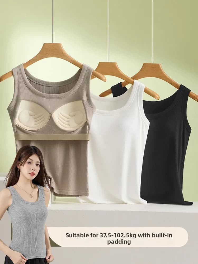 Ladies plus Size One-Piece Vest Strap Underwear with Chest Pad Thread Cotton Sleeveless Top Base Layer Outerwear